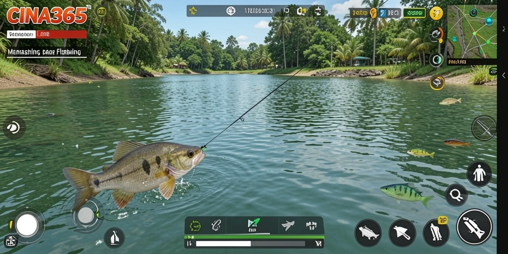 Tampilan screenshot CINA365 menampilkan aksi memancing yang seru.