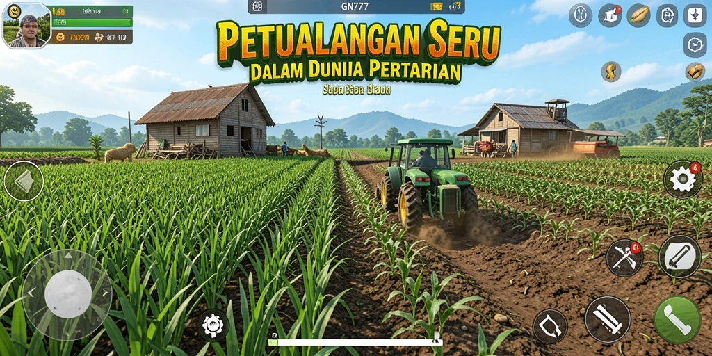 Tampilan gameplay <strong>GN777</strong> menampilkan ladang hijau yang subur dan aktivitas bertani.