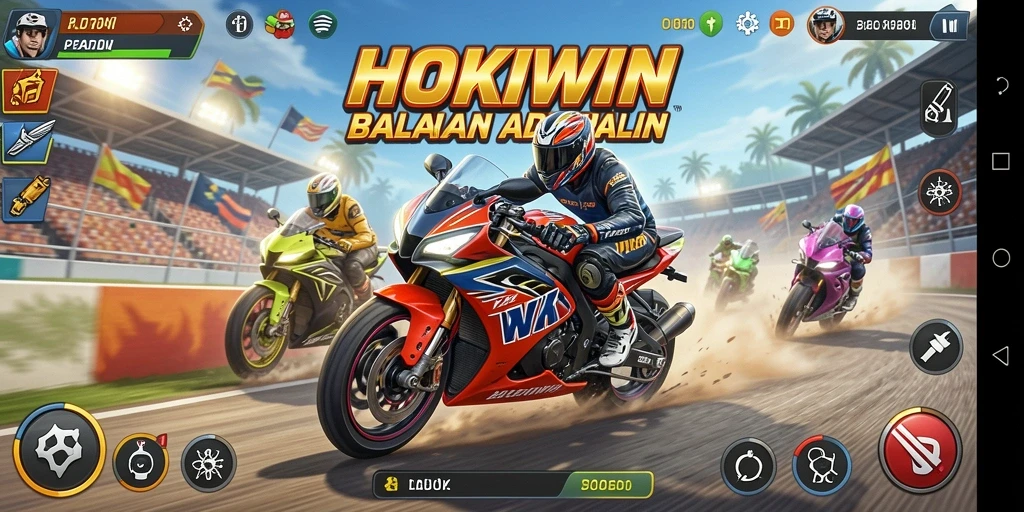 Screenshot HOKIWIN menunjukkan aksi balapan motor yang intens di lintasan.