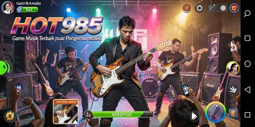 Screenshot utama HOT985 menampilkan gameplay interaktif dengan berbagai lagu.