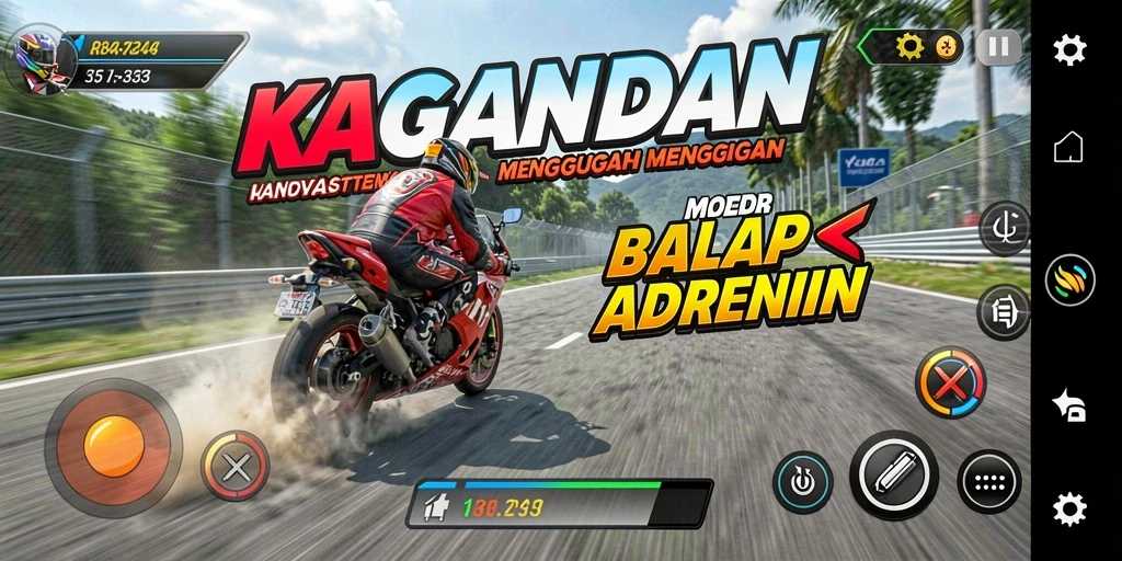 Tangkapan layar gameplay KAGANDAN yang menampilkan balapan motor yang seru.