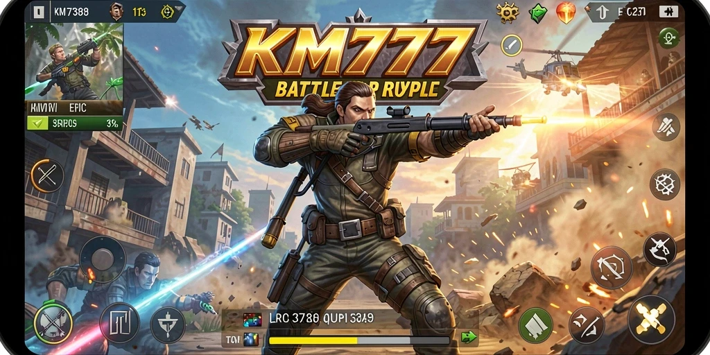 Screenshot gameplay KM777 menampilkan pertarungan Battle Royale yang mendebarkan.