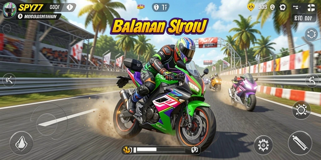 Tangkapan layar dari gameplay SPY77 menampilkan balapan motor yang mendebarkan.