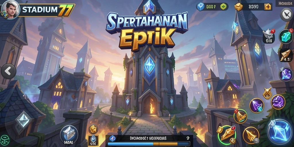 Gameplay STADIUM77 menampilkan menara yang siap menghadapi gelombang musuh.